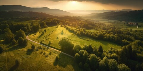 Poster - View from the height of the road among the green meadows at sunset in summer.Aerial view. Panoramic shot. Generative AI