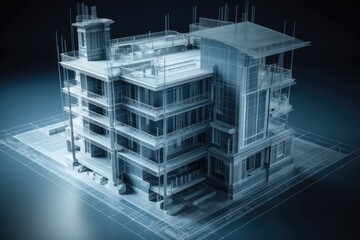 Poster - high-rise building with multiple balconies and windows. Generative AI