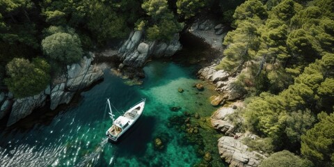 Aufkleber - A boat moored in a bay with green forests around.Aerial view. Panoramic shot. Generative AI