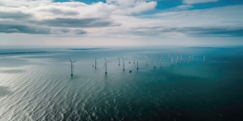 Aufkleber - Windmill park in the ocean.Aerial view. Panoramic shot. Generative AI