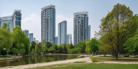 Sticker - The urban landscape of a public park and high-rise buildings in the center of the metropolis.Aerial view. Panoramic shot. Generative AI