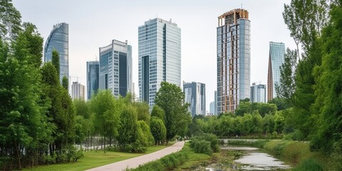 Poster - The urban landscape of a public park and high-rise buildings in the center of the metropolis.Aerial view. Panoramic shot. Generative AI