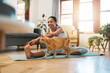 © Nina/peopleimages.com - Cat, fitness or happy woman in yoga stretching legs for body flexibility, wellness or healthy lifestyle. Kitten, pet animal or zen girl in exercise, workout or training warm up in house exercising