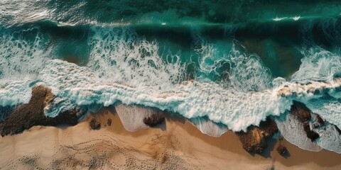 Poster - Top view of a beautiful tropical beach with sea waves.Aerial view. Panoramic shot. Generative AI