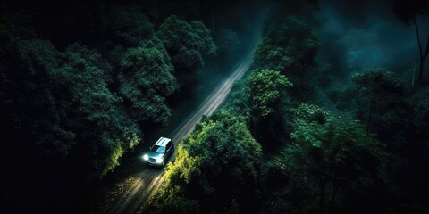Poster - A view from a height of a car on the road in the deep jungle.Aerial view. Panoramic shot. Generative AI