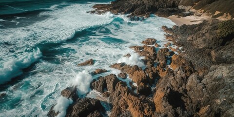 Poster - A beautiful picture of a rocky beach with a cliff from above.Aerial view. Panoramic shot. Generative AI