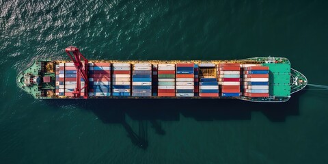 Poster - Top view from the height of the loading and unloading of a container ship.Aerial view. Panoramic shot. Generative AI