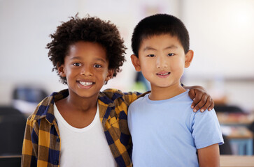 Aufkleber - Education, portrait or boy children in classroom learning or studying in preschool together with support. Development, diversity or happy students with growth mindset for knowledge in kindergarten