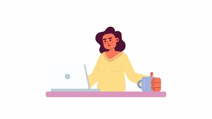 Fototapete - Animated lady with laptop. Female freelance programmer with cup. Flat character animation on white background with alpha channel transparency. Color cartoon style 4K video footage for web design