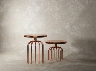Two round gold metal coffee tables on concrete wall background. 3D Rendering