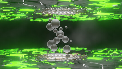 Poster - 3d rendering. Abstract illustration of a set of geometric objects in neon green light. Drops of liquid metal, silver in the center. Portal for transformations. Alchemy. Futuristic design
