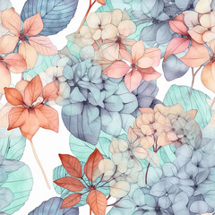 Whimsical seamless pattern with hydrangea. Ornate floral background for textile fabric in soft pastel colors. Generative AI