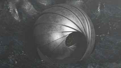 Poster - 3d rendering. Abstract illustration of a set of metal hemispheres of different sizes in different positions. The hemispheres form a fantastic shell shape.