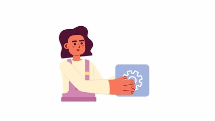 Fototapete - Animated woman with gear button. Developer engineer. IT technician. Management. 2D cartoon flat character 4K video footage on white with alpha channel transparency. Concept animation for web design