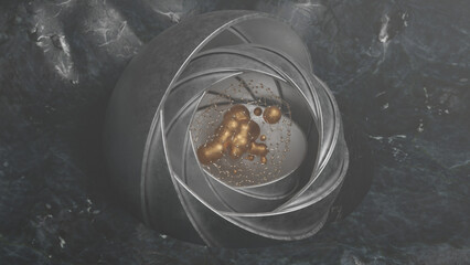 Poster - 3d rendering. Abstract illustration of a set of metal hemispheres of different sizes in different positions. There are drops of liquid gold in the center. Futuristic design. Treasure vault.