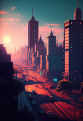 Wall Mural - city skyline at sunset - by generative ai