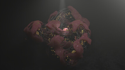 Poster - 3d rendering. abstract form of metal mesh, biological formations and glowing spheres. futuristic des