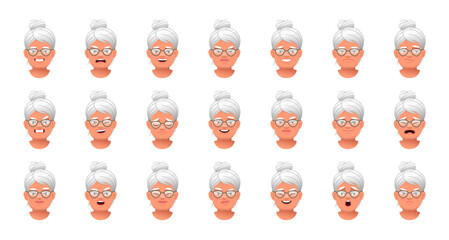 Wall Mural - Set of different emotions of an old white woman in glasses. Facial expression of a beautiful elderly woman with gray hair. Smile, happiness, anger, disappointment, sadness, surprise, fear.