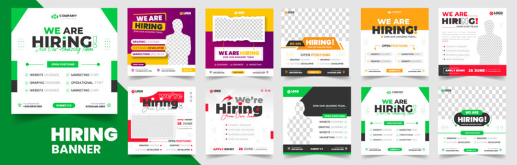 We are hiring job vacancy social media post banner design set template with. We are hiring job vacancy square web banner design bundle. Hiring banner set. Hiring Banner bundle.