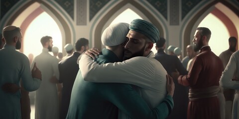 Wall Mural - Muslim men occasionally embrace and welcome to each other after Eid prayers, Muslim Arabic brothers get together.  Generative Ai.