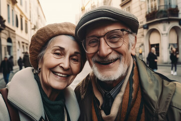 elderly couple of retired travelers are traveling on vacation in citie. Generative AI