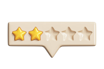 Wall Mural - Speech bubble with two golden rating stars. Yellow reviews stars on tooltip UI element, 3D render. Customer feedback or customer review concepts. PNG with transparent background and alpha channel