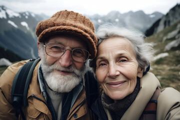 elderly couple of happy travelers retired travelers in nature in mountains. Generative AI