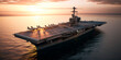 Aerial View of Majestic Aircraft Carrier Sailing Through High Seas at Sunset, Generative AI