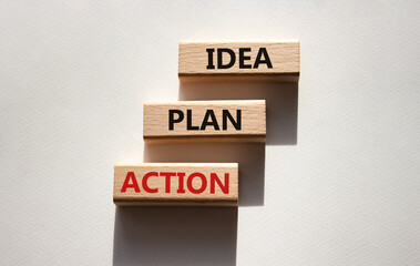 Wall Mural - Idea Plan Action symbol. Wooden blocks with words Idea Plan Action. Beautiful white background. Business and Idea Plan Action concept. Copy space.