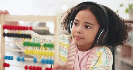 Poster - Education, elearning and girl with headphones and abacus, counting and math with school and distance learning. Childhood development, growth and kindergarten, study and child with numbers homework