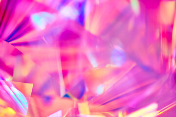 Aufkleber - Close-up of ethereal bright neon pink, magenta, orange, blue, purple holographic metallic foil background. Abstract modern curved blurred surreal futuristic disco, rave, techno, festive backdrop