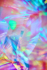 Aufkleber - Close-up of ethereal bright neon pink, magenta, orange, blue, purple holographic metallic foil background. Abstract modern curved blurred surreal futuristic disco, rave, techno, festive backdrop