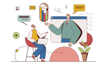 Aufkleber - Business training concept with character situation in flat design. Woman improves her professional skills and listens to coach on conference video. Illustration with people scene for web