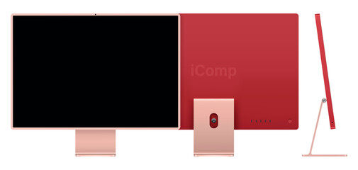 Poster - computer display pink color with black screen front, back and side view isolated on white background. realistic and detailed mockup of monitor for system unit. vector illustration