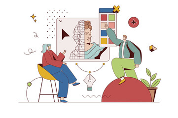 Fototapete - Designer agency concept with character situation in flat design. Man and woman are discussing art project, working with trendy palette and visual content. Illustration with people scene for web