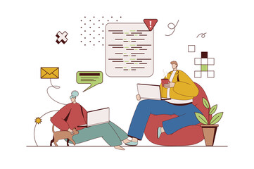 Freelance work concept with character situation in flat design. Woman and man doing online tasks with laptops, communicate and work in cozy home office. Illustration with people scene for web