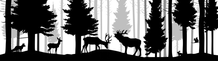 Wall Mural - Black silhouette of wild forest woods animals deer and forest fir spruce trees camping adventure wildlife hunting landscape panorama illustration icon vector for logo, isolated on white background