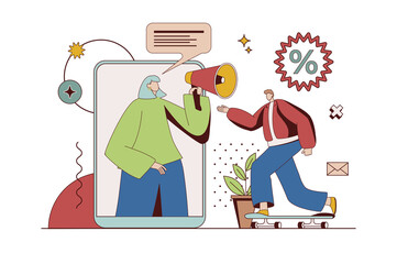 Leinwandbilder - outbound marketing concept with character situation in flat design. woman making advertising campaig
