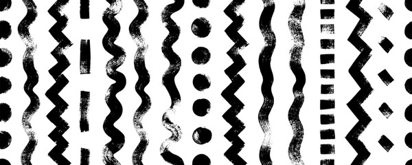 Hand drawn whimsical seamless pattern with different vertical lines. Textured organic vertical brush strokes, zigzags, curved lines and dots. Grunge vector stripes. Tribal motif ornament. 