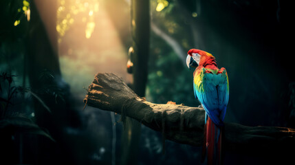 Colorful Macaw bird in forest background. ai generated.