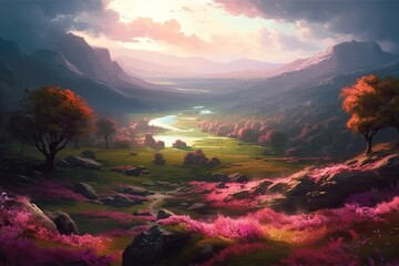 Canvas Print - colorful valley landscape with trees and flowers. Generative AI