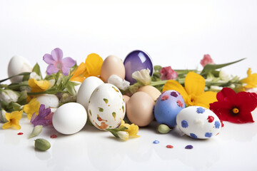  Easter egg , Cute adorable Easter eggs background. Group of colorful eggs and spring flowers