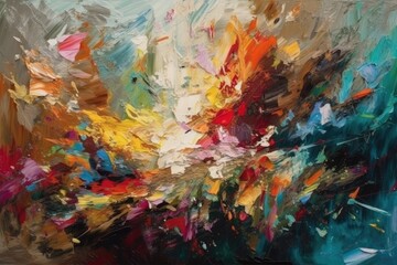 Poster - an abstract painting with vibrant colors and textures on canvas. Generative AI