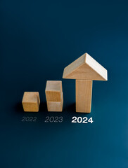 Poster - 2022, 2023 and 2024 new year calendar number with wooden cube blocks bar graph chart steps with big 