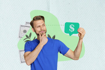 Aufkleber - Creative abstract template graphics collage image of smart thoughtful guy creating money profit plan isolated drawing background