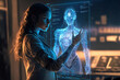Side view of woman scientist in white robe standing next to monitor with augmented reality digital model of female robot, looking at her new prosthetic bionic hand, creating girl cyborg. Generative AI