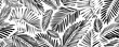 © Anastasiia Hevko - Seamless exotic pattern with palm leaves in linear style. Brush drawn tropical palm leaves wallpaper. Handdrawn vector ink illustration. Botanical graphic design for print. Grunge tropical foliage.