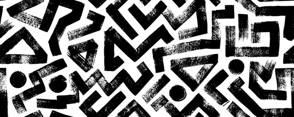 Poster - Grunge seamless pattern with zigzag lines, triangles and dots. Hand drawn bold geometric shapes. Modern stylish texture with labyrinth motif. Vector ink Illustration. Repeating geometric pattern. 