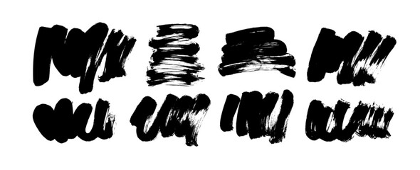 Poster - Hand drawn vector brush strokes. Collection of grunge black shapes. Calligraphy smears with curved lines. Modern textured shapes. Brush drawn design templates isolated on white background.