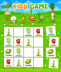 Sudoku game cartoon vegetables on yoga fitness. Vector worksheet riddle with chinese cabbage, bell pepper, cauliflower and green pea characters exercising on chequered board. Educational teaser task